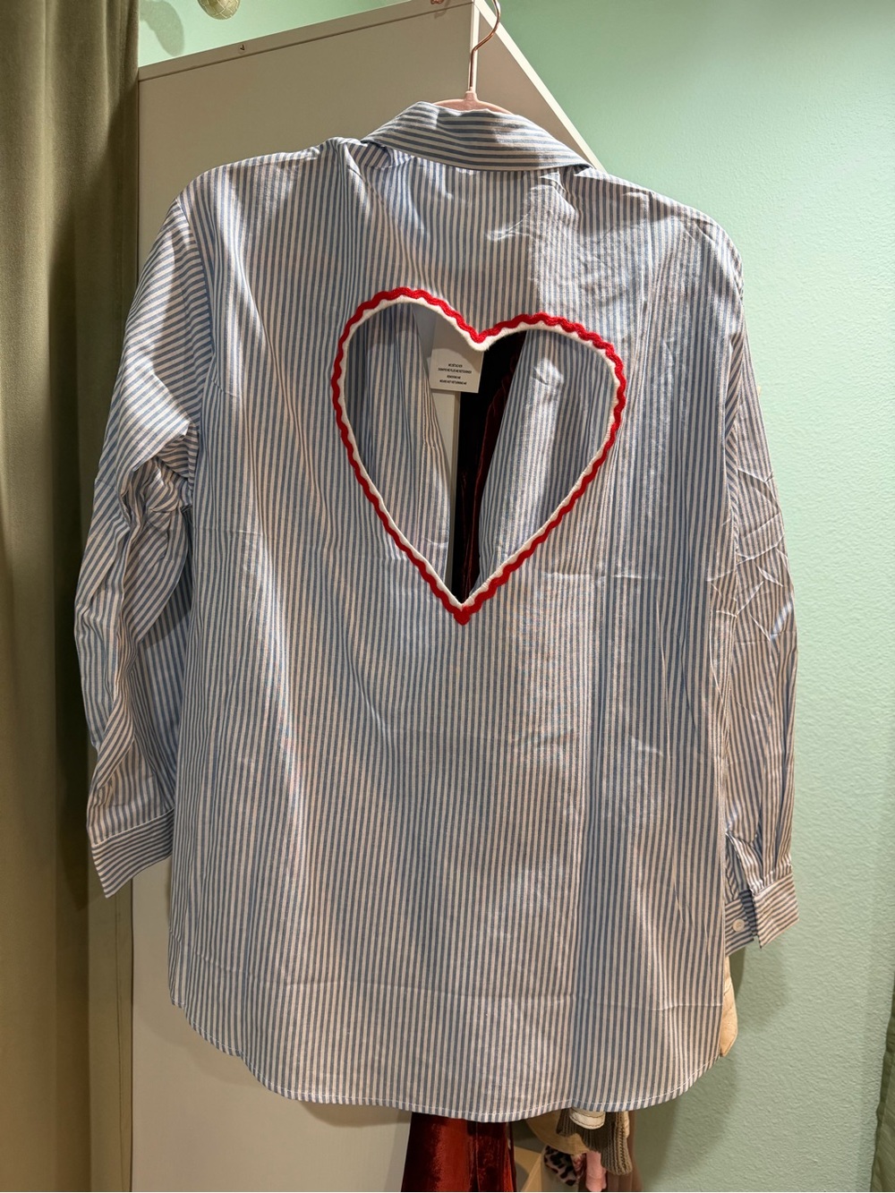 Blue & White Striped Button-Down Shirt with Red Heart Back Detail